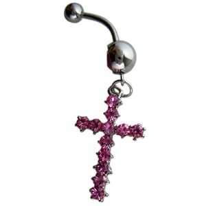 Pink Crystal CZ Dangle Belly Button Navel Ring Bar Silver - Spiritual - Cross Belly Button
