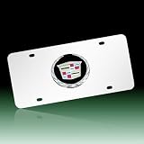 Cadillac Black Infill Logo Chrome Steel License Plate with Logo Screw Covers Kit