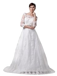 A-line Satin Spring Fall  Lace Crystal Off the Shoulder Wedding Dress  with a Brush/Sweep Train  With a Ribbon  and Rhinestones and a Sash 