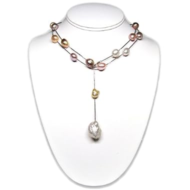 HinsonGayle Extreme Baroque Collection Premium Exotic Metallic Multicolor Baroque Cultured Pearl Tin Cup Necklace (33 Inches)