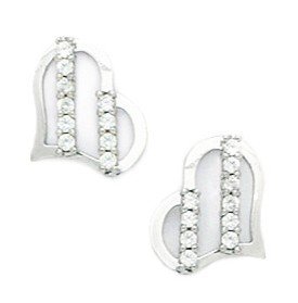 14k White Gold CZ Big Heart Fancy Post Earrings - Measures 11x10mm - JewelryWeb
