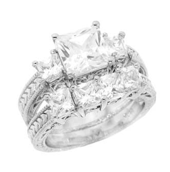 Sterling Silver Wedding Ring Set With Pricess Cut Cubic Zirconia in Four Prong Setting with Two Princess Cut Sidestones