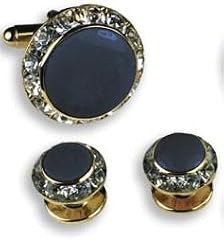 Tuxedo Cufflinks and Studs - "Grand Funk" - Navy Blue Enamel in a Round Austrian Crystal Setting (Available in Gold or Silver Setting)