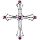 14K White Gold Genuine Amethyst and Ruby Cross Pendant