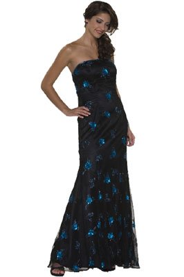 Formal Evening Gown. Strapless Floral Beaded Dress for Prom, Party, Wedding by Sean Collection (1974), XS, Black/Turqouise