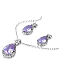 Sterling Silver Lavender CZ Flower Bail Tear Drop Earring & Necklace Set