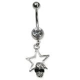 Stainless Steel Belly Ring with Clear Australian Crystals - Dangling skull on star 14g/5mm ball