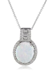 Sterling Silver Oval Created Opal Round and Baguette Created White Sapphire Pendant Necklace, 18"
