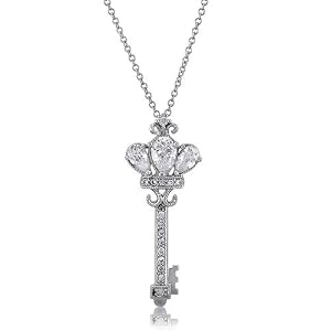Sterling Silver Pendant Cubic Zirconia CZ Accent Crowned Key Pendant Necklace - Ideal Gift For Mother Day, Anniversary, Engagement, Wedding, Birthday, For Her