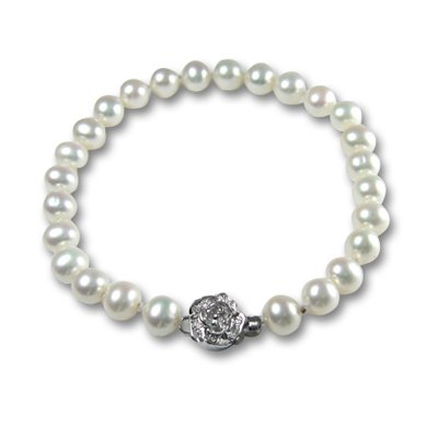 White 6-7mm AAA Cultured Pearl Bracelet w. Platinum Overlay CAREFREE Sterling Silver Rose Clasp 7" (LS1R2)