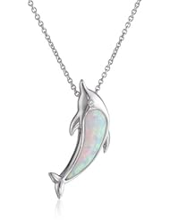 Sterling Silver White Diamond Created Opal Dolphin Silver Rolo Chain Pendant Necklace, 18"