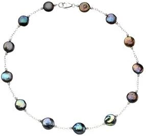 12-13mm Black Coin Pearl Station Necklace and Bracelet Set (Silver/Fresh) - Black