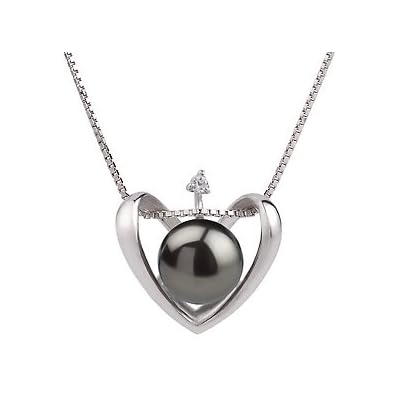 PearlsOnly Heart Black 9-10mm AA Freshwater Sterling Silver Pearl Pendant