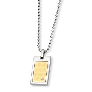 Stainless Steel, 18 Karat Gold with Diamond Dog Tag Necklace