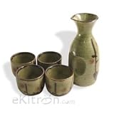 Japanese 5 Pc Sake Carafe & Cup Set Green & Cherry Blossoms