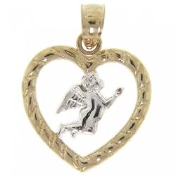 Heart Pendant w/ Floating Angel in Solid Gold Yellow & White