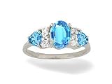 14K White Gold Genuine Oval Blue Topaz and Diamond 3-Stone Ring