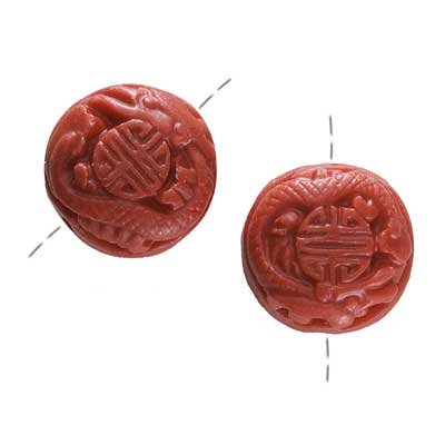 Red Cinnabar Thick Disc Focal Beads Carved Good Luck Dragon 17mm (2)
