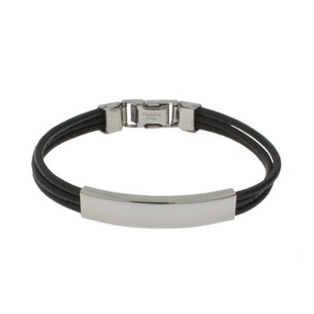 Eve's Addiction Ladies Black Leather Band Stainless Steel ID Bracelet