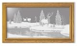 Wildlife Elk Art Etching in Framed Wall Mirror, Solid Oak Frame, Hand-Rubbed Finish, 15 x 27 inches