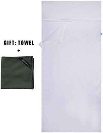Emins Outdoor Silk Sleeping Bag Liner Single Compact Natural Sleepsack Rectangle Sheet Liner with One Towel, White
