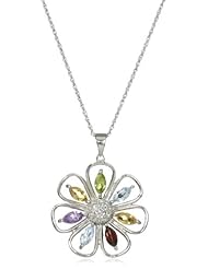 Sterling Silver Multiple Gemstone Large Flower Pendant Necklace, 18"