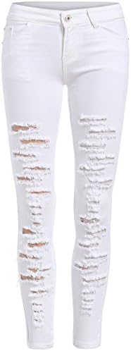 Waloneby Women's Skinny Ripped Denim Long Pants (L, White)