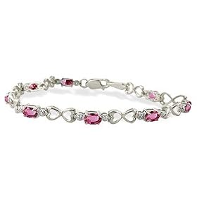 14K White Gold Genuine Oval Pink Tourmaline and Diamond Bracelet by Jewels For Me