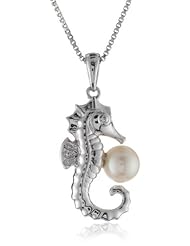 XPY Sterling Silver Seahorse with Freshwater Cultured Pearl Pendant Necklace, 18"
