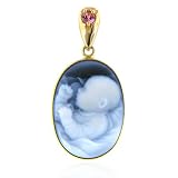 14K Yellow Gold Oval Baby pendant Cameo with Pink Tormaline Gemstone for Girls - 3/4 x 1/2