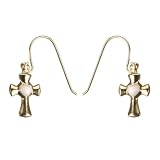 14K Yellow Gold Dangle Cross Earrings with Pink Beads
