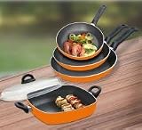 Produkt-Bild: VERY TITAN &reg; Aluminium 5-teiliges Pfannen Set in orange, Durchmesser 26 cm, 22 cm und 18 cm, ohne Glasdeckel, mit Eckpfanne 28 x 28 cm mit Glasdeckel, mit hochwertiger Honigwaben Antihaftbeschichtung, Very Titan - das Original