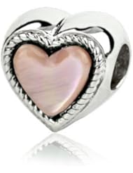 Christmas Best Gift , Sterling Silver Love Heart with Pink Mother of Pearl , Fits Pandora and All Brands Charm Bracelets and Necklaces.