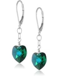 Sterling Silver Swarovski Elements Emerald Colored Aurora Borealis Heart Shape Drop Earrings