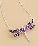 18 inch Sterling Silver 1mm Box Chain Necklace, 7/8 inch Enamel Dragonfly Pendant, 2mm Purple CZs