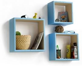 Trista - [Pure Blue & White] Square Leather Wall Shelf / Bookshelf / Floating Shelf (Set of 3)
