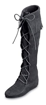 Front Lace Hardsole Knee Hi Boot in Black Suede