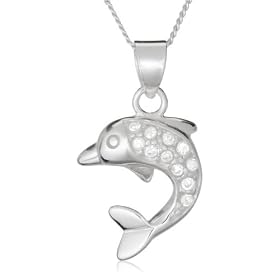 Silver White Crystal Dolphin Pendant + Curb Chain 18'