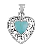 Sterling Silver And Turquoise Stone Pendant - Heart - 20mm Height