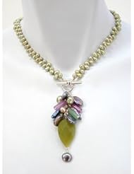 Green Freshwater Pearl Necklace with Olive Jade Drop