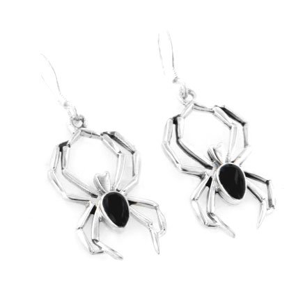 Sterling Silver Black Onyx Widow Spider Hook Earrings