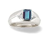 14K White Gold Emerald-cut Created Alexandrite and Diamond Men's Ring