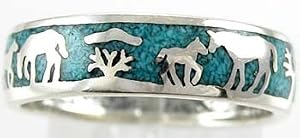 Southwestern Style Horse Story Band Ring in Sterling Silver and Chip Inlay Turquoise for Men or Women, Sizes 5, 6, 7, 8, 9, 10, 11 and 12, #10824