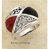Stones Sr-2104 : Sterling Silver Onyx & Red Coral Triangle Inlays On Scrolled Dome Ring Ring Size 09