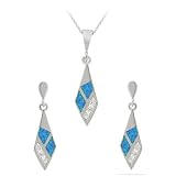 Sterling Silver Created-Blue Opal Inlay Elongated Triangle Pendant and Earrings Set