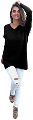 EKIMI Womens Casual Loose Long Sleeve V-Neck Jumper Sweaters Coat Blouse (XL, Black)