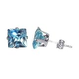 7 MM Princess Cut Aquamarine Cubic Zirconia .925 Sterling Silver Post Stud Earrings