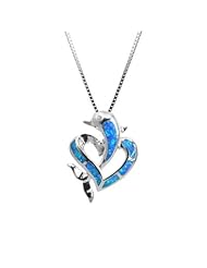 CZ Accented Sterling Silver Dolphin and Heart Necklace Pendant with Blue Opal and Box Chain