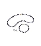 14k Yellow Gold Black Pearl Necklace Bracelet Earrings