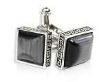 Elegant Gray Silver Cateye Square Cufflinks Framed in Silver with Presentation Box